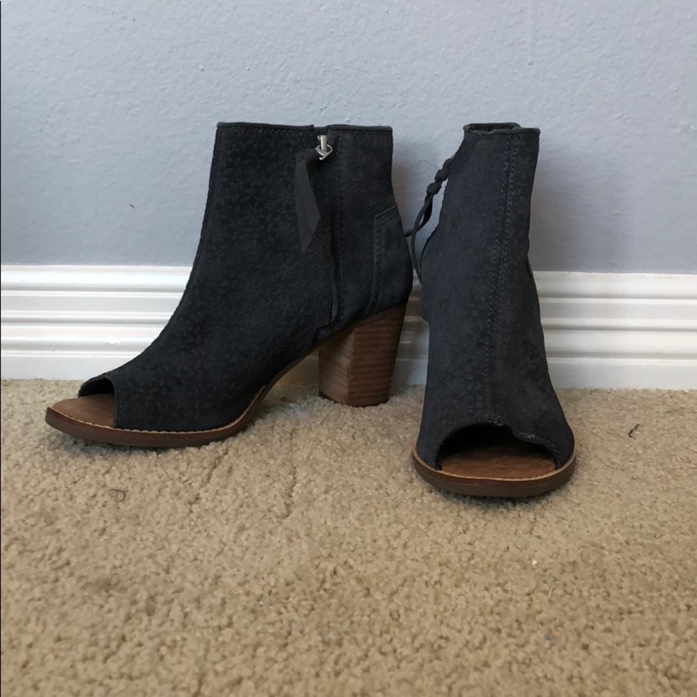 Toms Charcoal Gray Suede Peep-Toe Ankle Booties